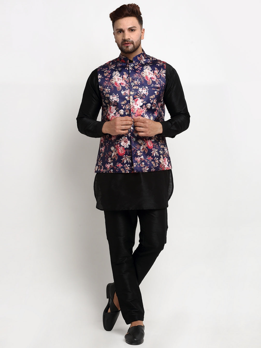 Men's Silk Blend Black Kurta With Pyjama & Navy Blue Printed Nehru Jacket - Benstoke