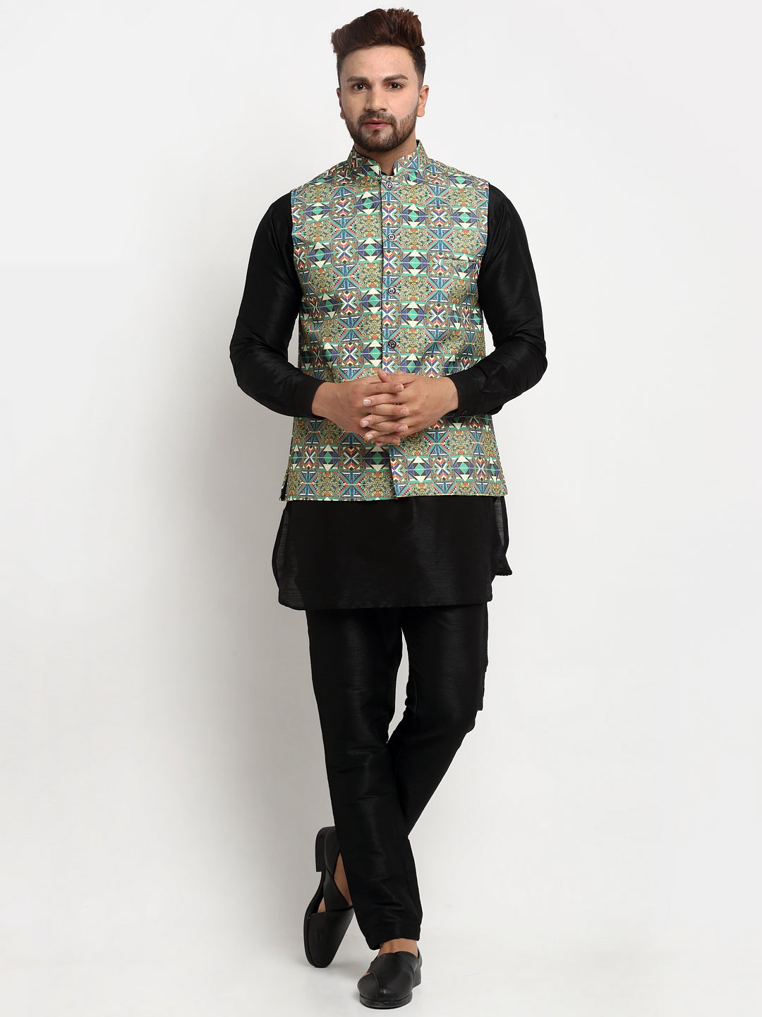 Men's Silk Blend Black Kurta With Pyjama & Multicolor Printed Nehru Jacket - Benstoke