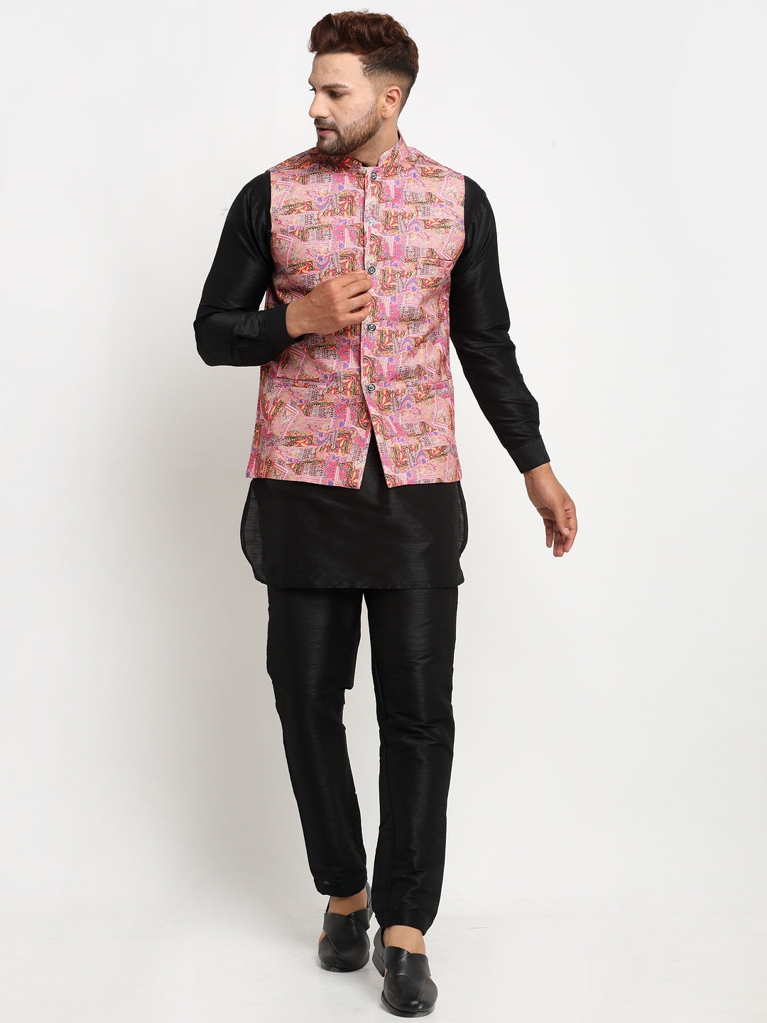 Men's Silk Blend Black Kurta With Pyjama & Pink Printed Nehru Jacket - Benstoke