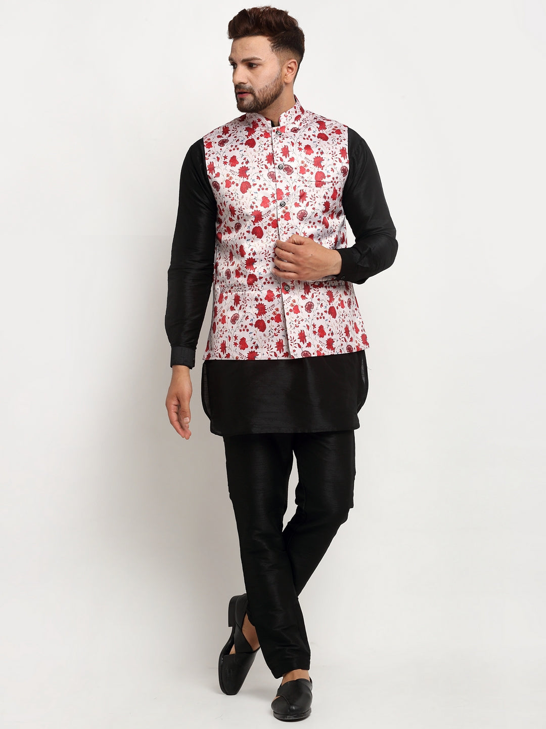 Men's Silk Blend Black Kurta With Pyjama & Beige Printed Nehru Jacket - Benstoke