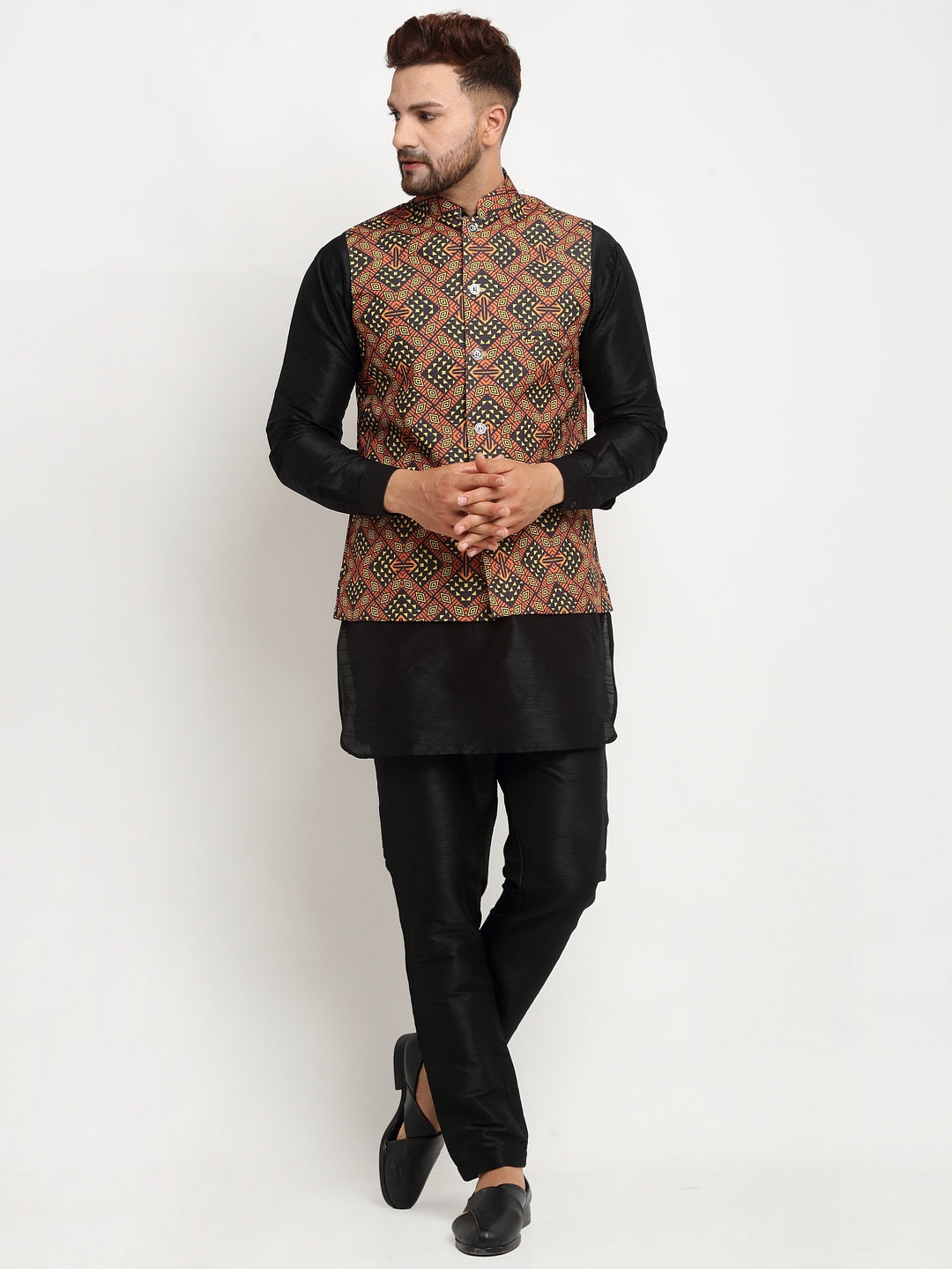 Men's Silk Blend Black Kurta With Pyjama & Brown Printed Nehru Jacket - Benstoke