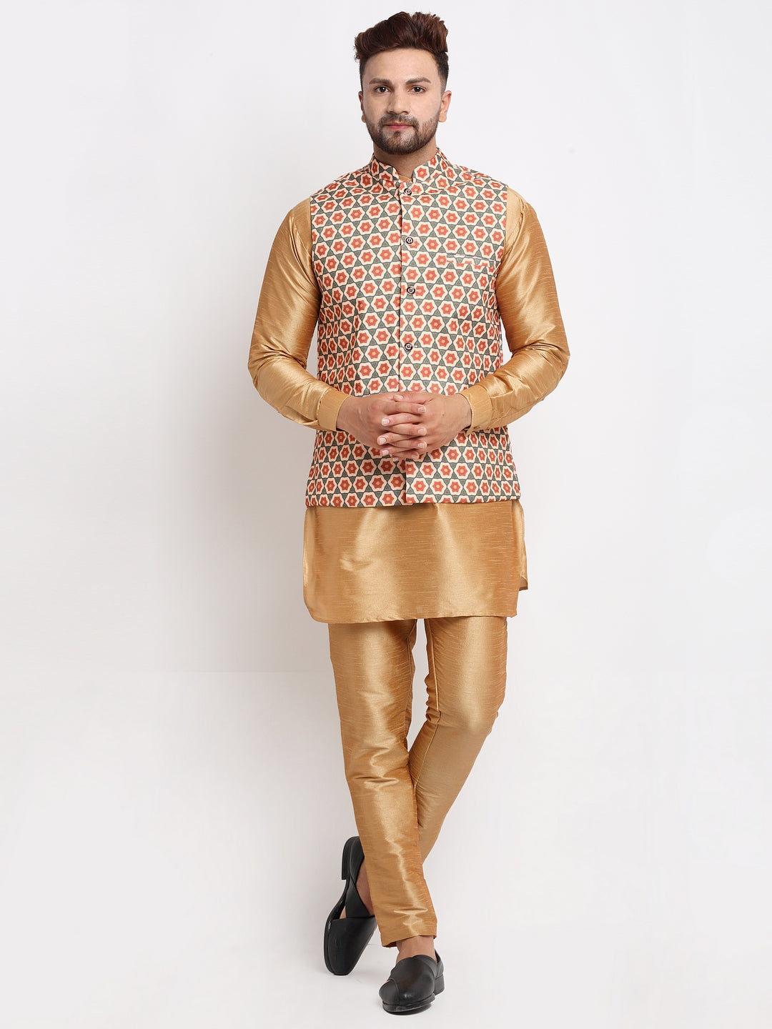 Men's Silk Blend Copper Kurta With Pyjama & Olive Green Printed Nehru Jacket - Benstoke