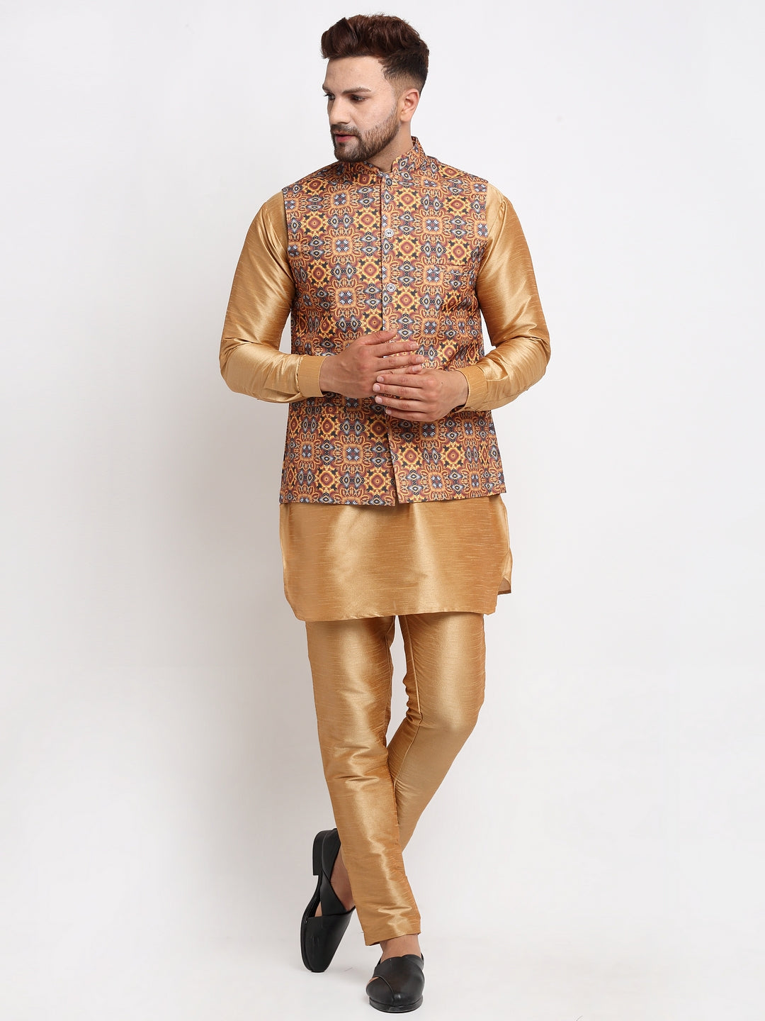 Men's Silk Blend Copper Kurta With Pyjama & Mustard Printed Nehru Jacket - Benstoke