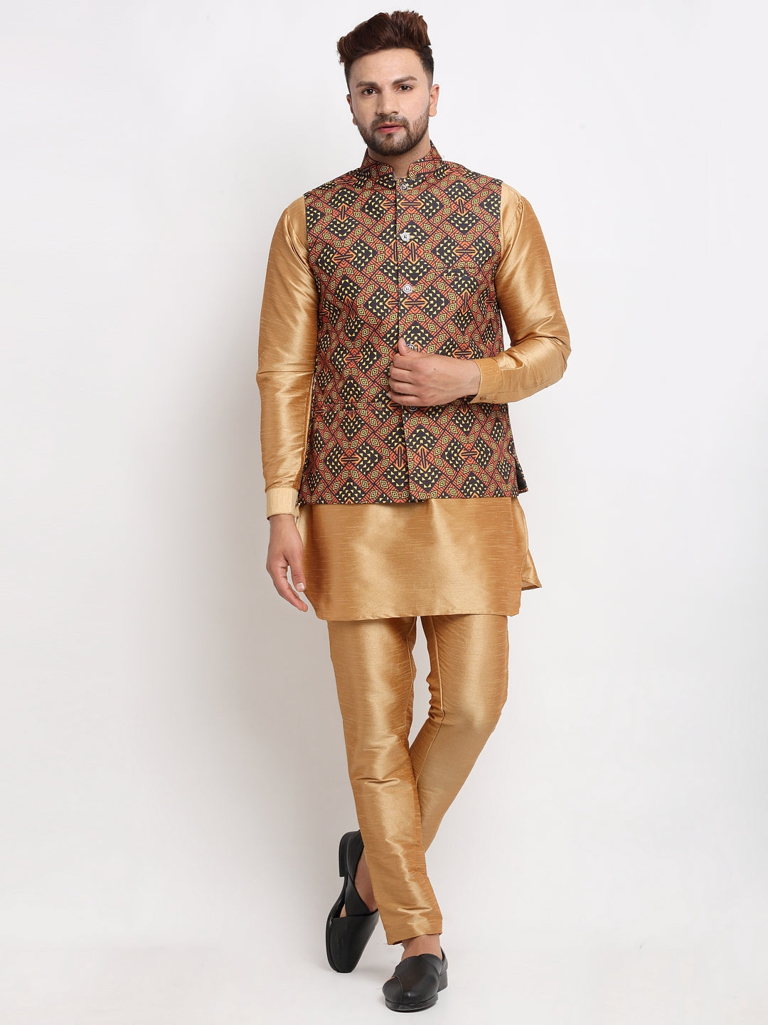 Men's Silk Blend Copper Kurta With Pyjama & Brown Printed Nehru Jacket - Benstoke