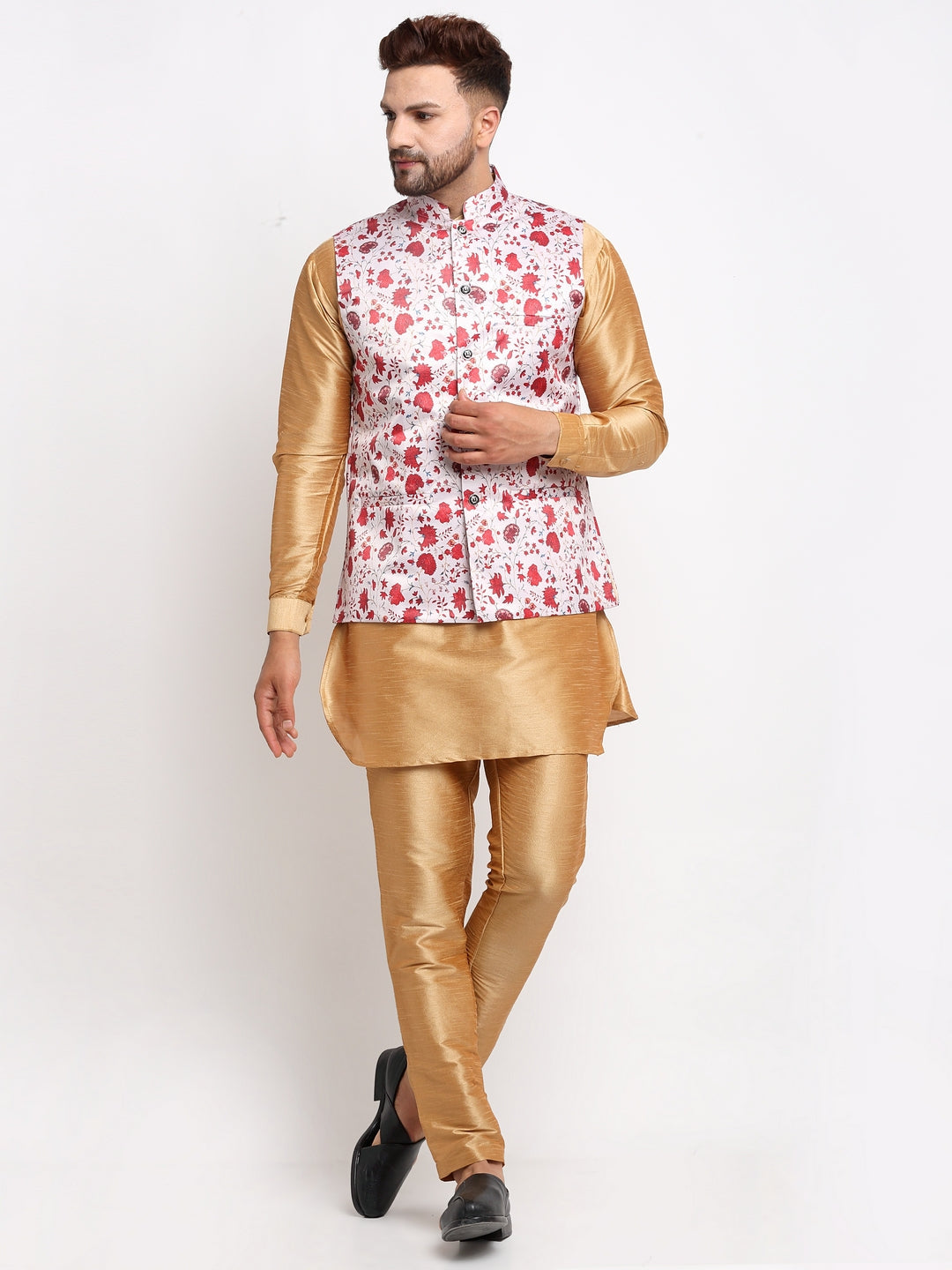 Men's Silk Blend Copper Kurta With Pyjama & Beige Printed Nehru Jacket - Benstoke