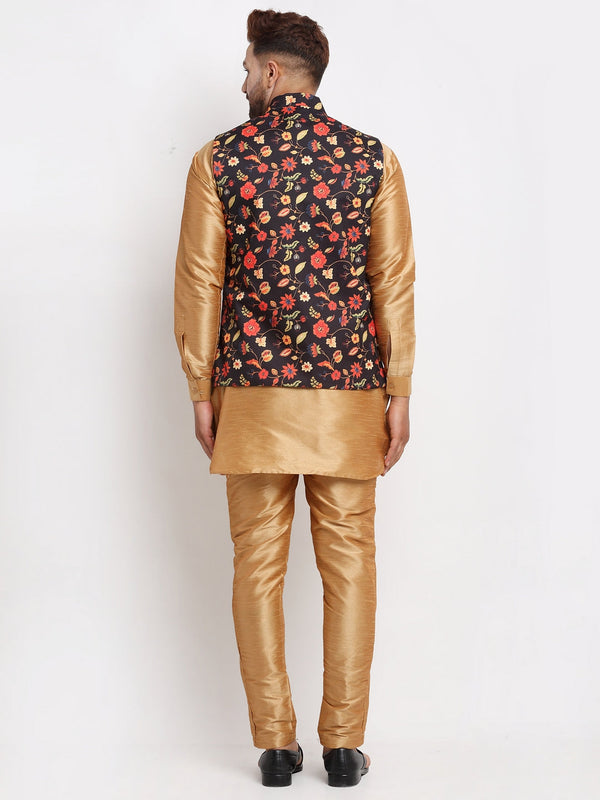 Men's Silk Blend Copper Kurta With Pyjama & Black Printed Nehru Jacket - Benstoke