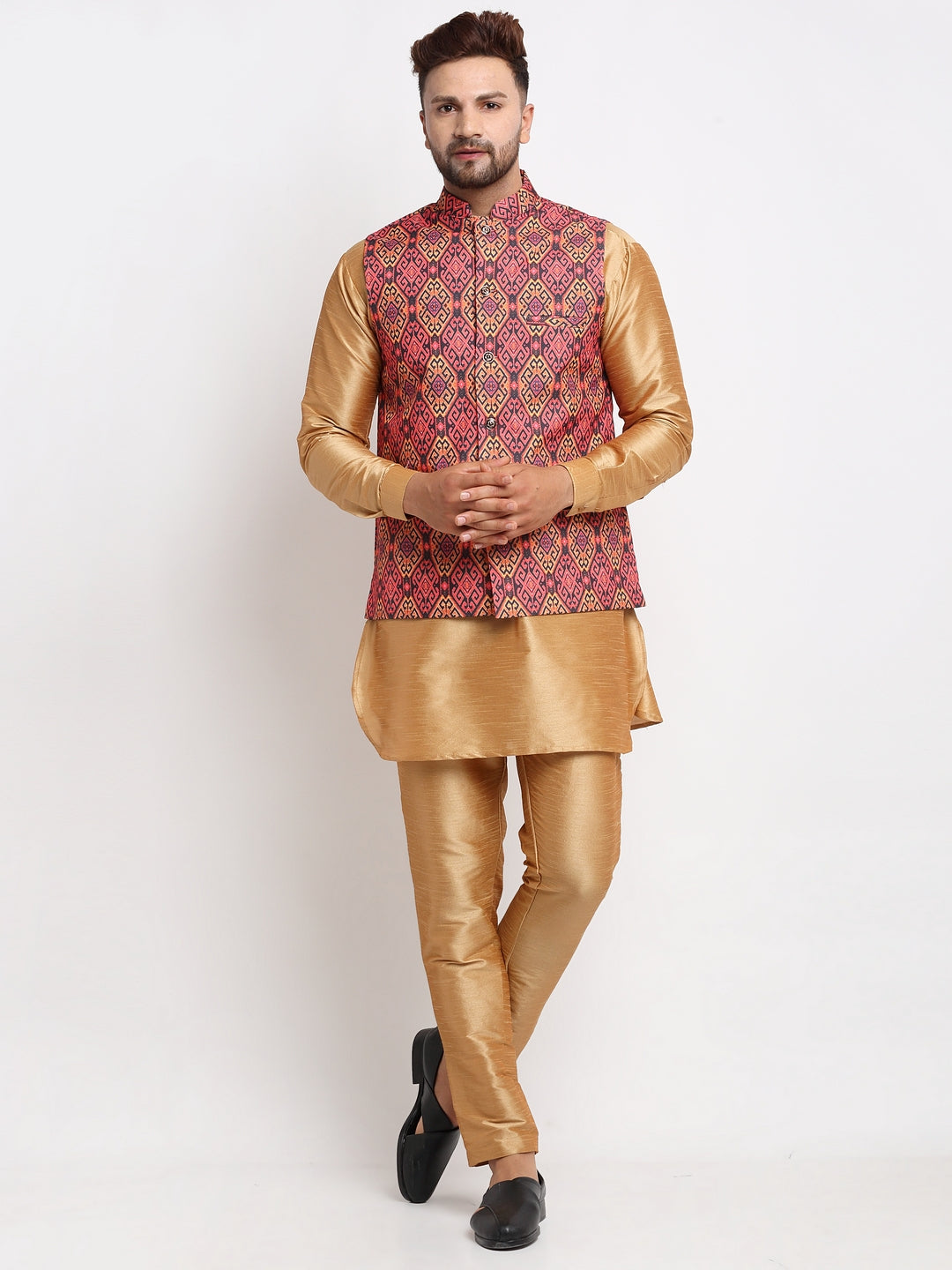 Men's Silk Blend Copper Kurta With Pyjama & Rust Printed Nehru Jacket - Benstoke