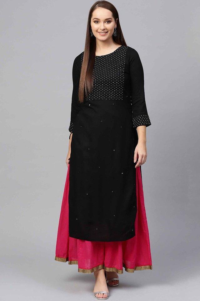 Women Black Rayon A-Line Kurta by Ishin (1pc) - Indiakreations