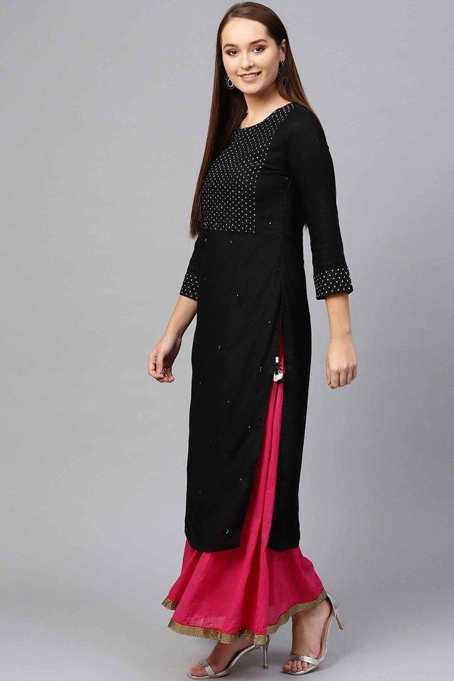 Women Black Rayon A-Line Kurta by Ishin (1pc) - Indiakreations