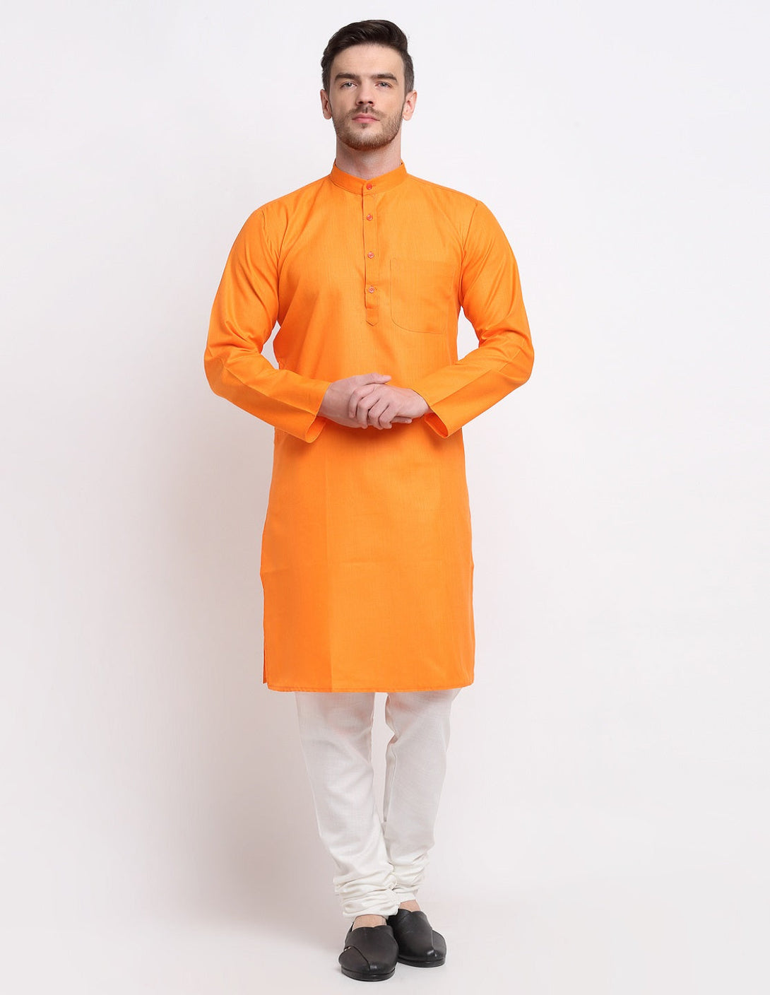 Men's Orange & White Cotton Solid Kurta With Churidaar Set - Benstoke