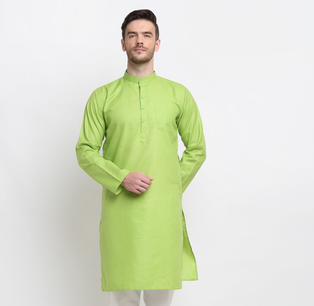 Men's Cotton Blend Green Straight Long Kurta - Benstoke