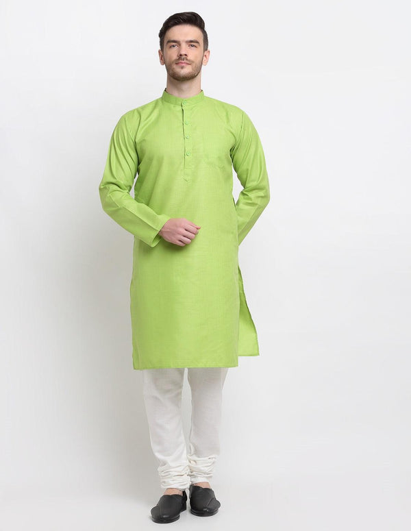 Men's Parrot Green & White Cotton Solid Kurta With Churidaar Set - Benstoke - Indiakreations