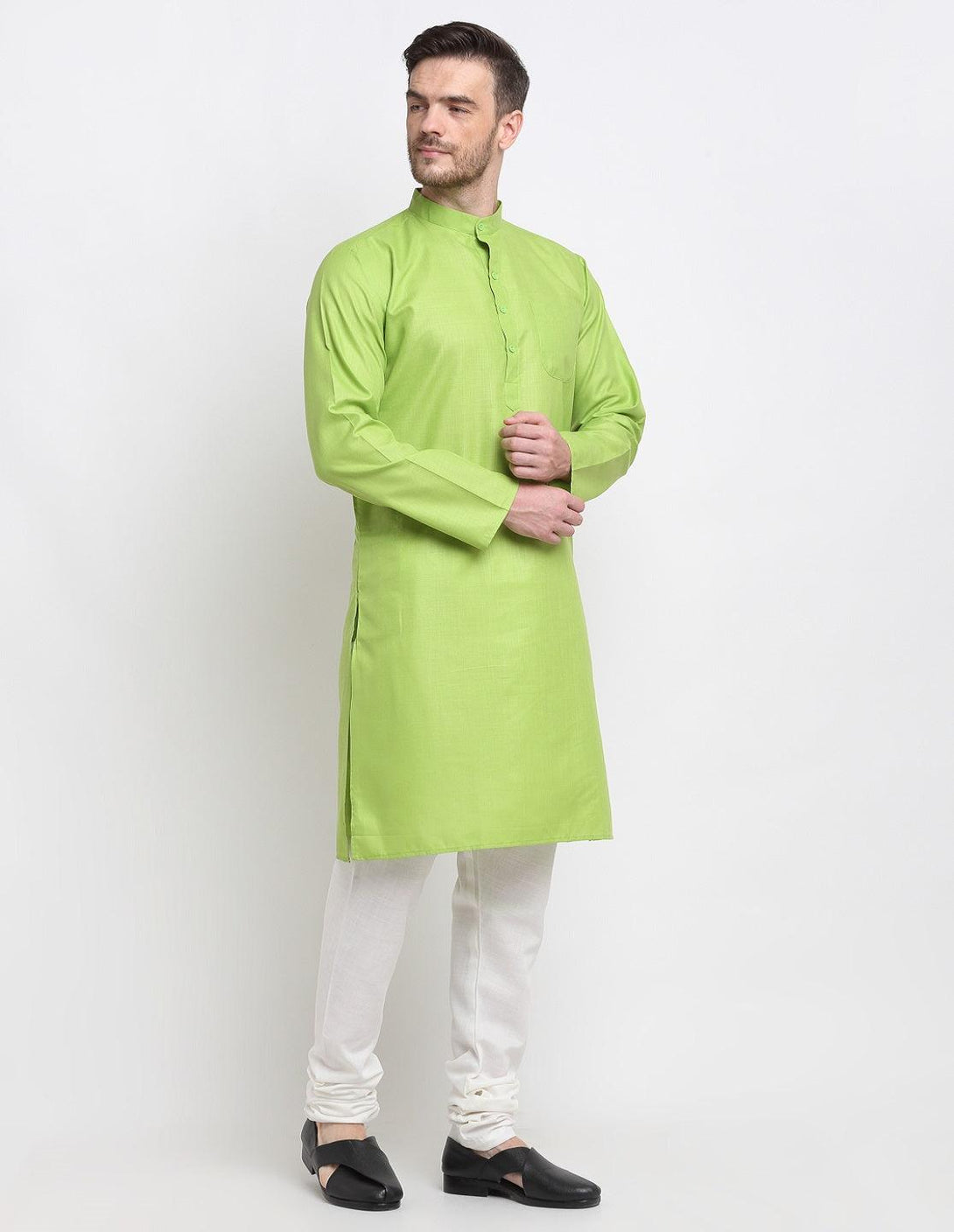 Men's Parrot Green & White Cotton Solid Kurta With Churidaar Set - Benstoke - Indiakreations