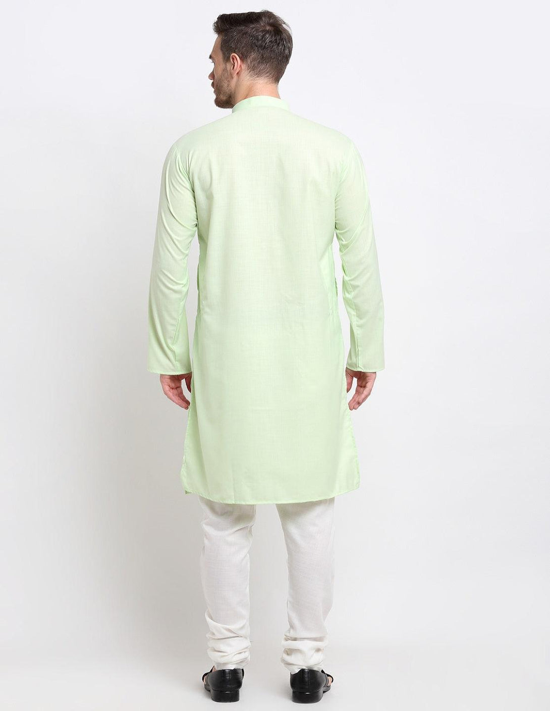 Men's Light Green & White Cotton Solid Kurta With Churidaar Set - Benstoke - Indiakreations