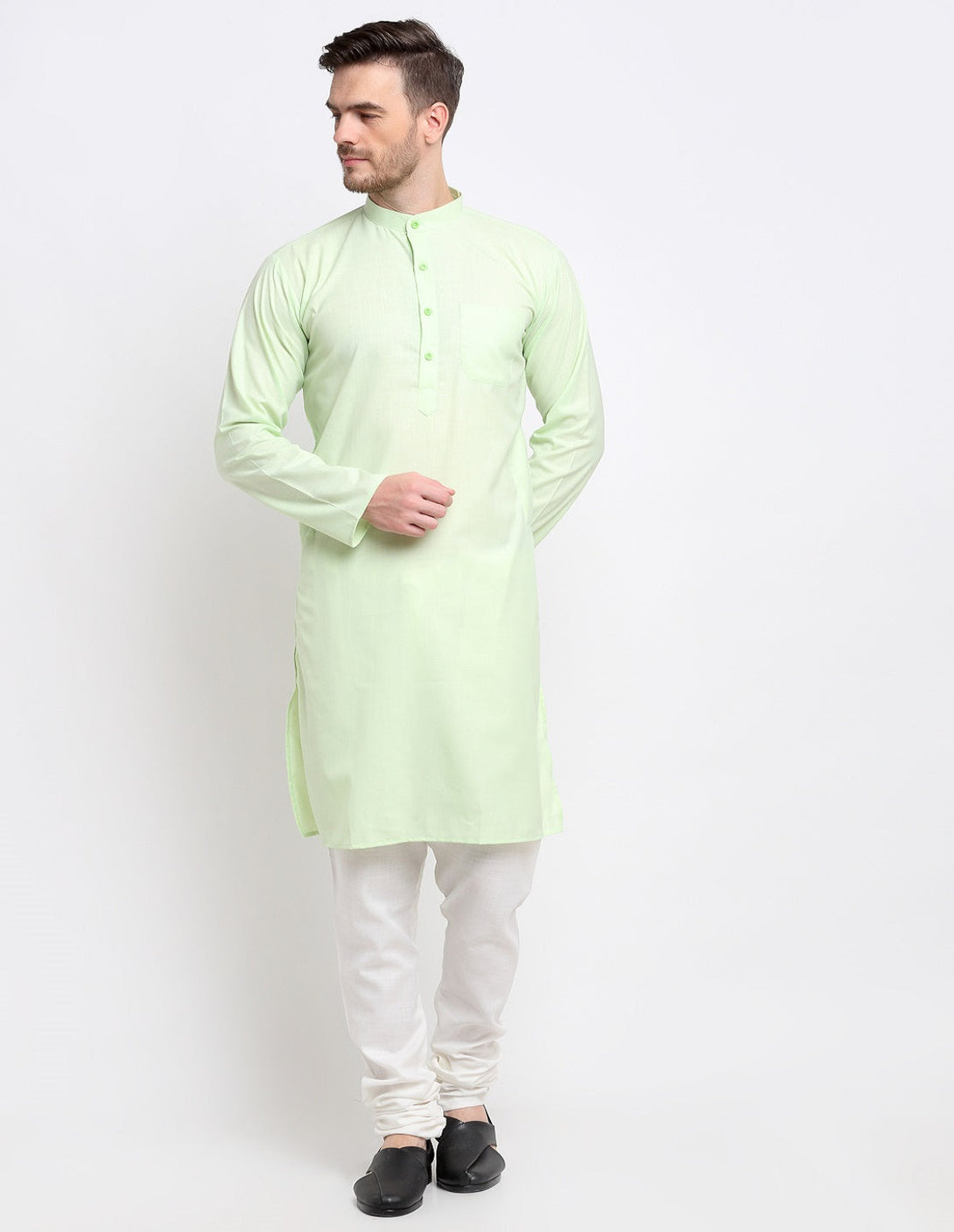 Men's Light Green & White Cotton Solid Kurta With Churidaar Set - Benstoke