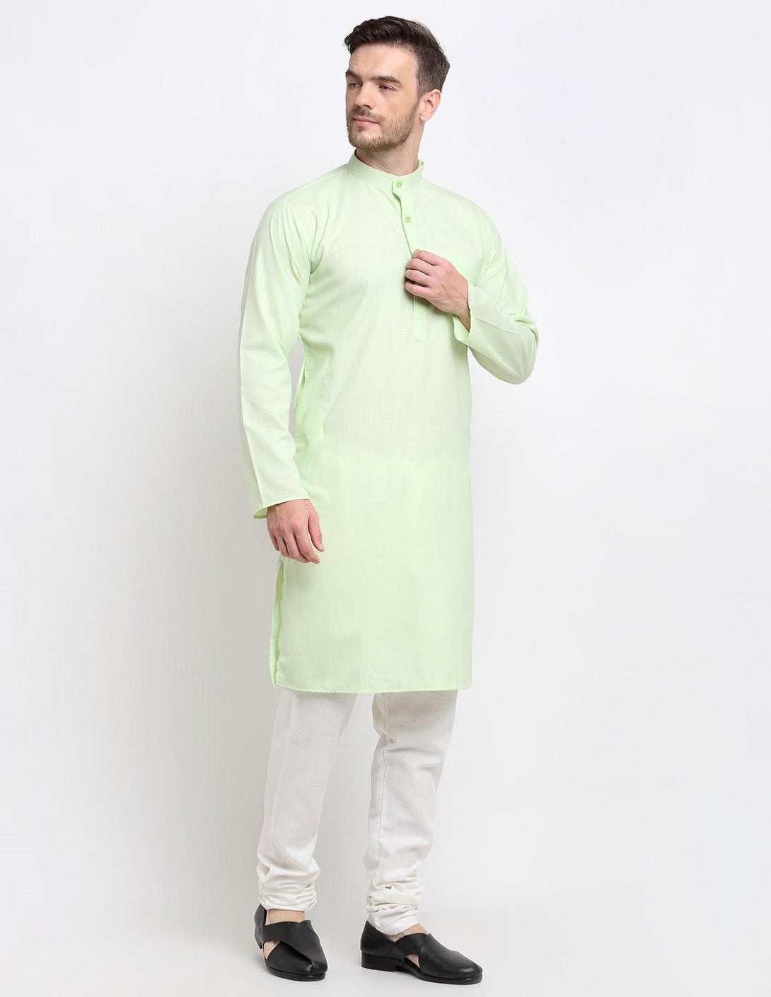 Men's Light Green & White Cotton Solid Kurta With Churidaar Set - Benstoke - Indiakreations