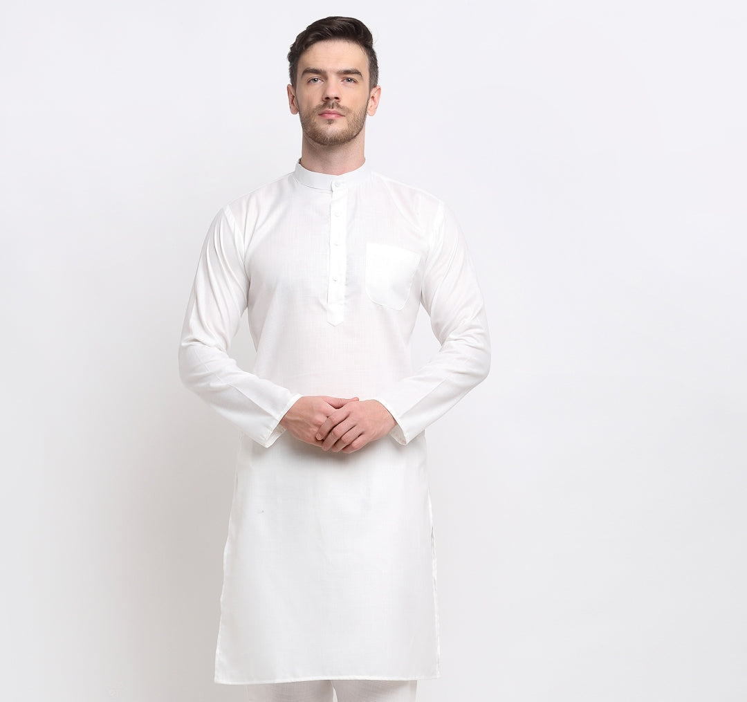 Men's Cotton Blend White Straight Long Kurta - Benstoke