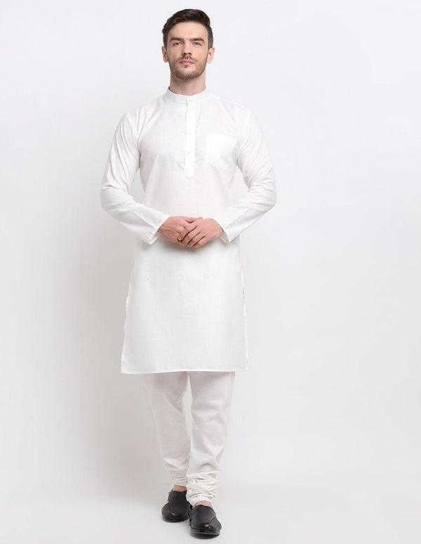 Men's White Cotton Solid Kurta With Churidaar Set - Benstoke - Indiakreations