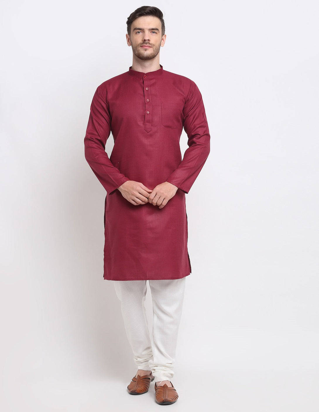 Men's Maroon & White Cotton Solid Kurta With Churidaar Set - Benstoke