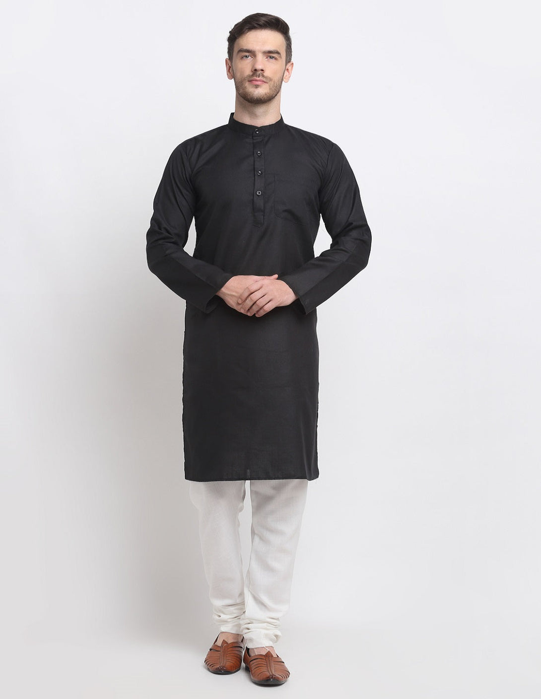 Men's Black & White Cotton Solid Kurta With Churidaar Set - Benstoke