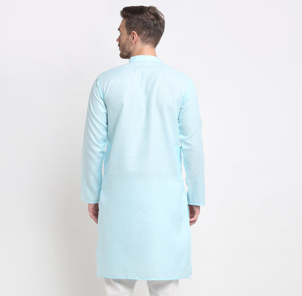 Men's Cotton Blend Sky Blue Straight Long Kurta - Benstoke