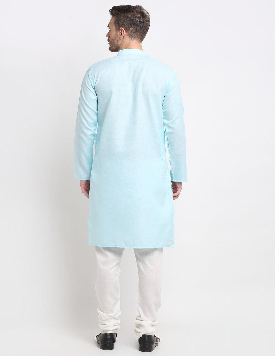 Men's Sky Blue & White Cotton Solid Kurta With Churidaar Set - Benstoke - Indiakreations