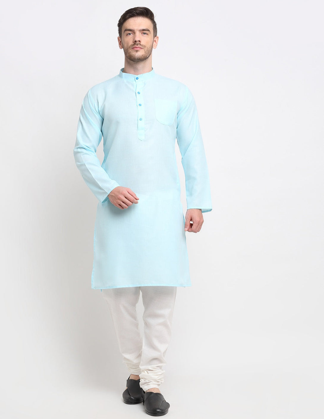 Men's Sky Blue & White Cotton Solid Kurta With Churidaar Set - Benstoke