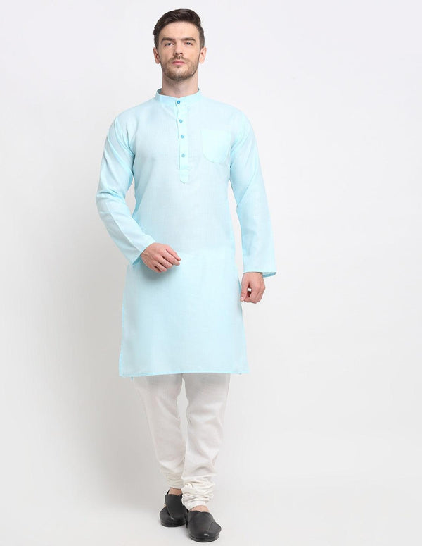 Men's Sky Blue & White Cotton Solid Kurta With Churidaar Set - Benstoke - Indiakreations