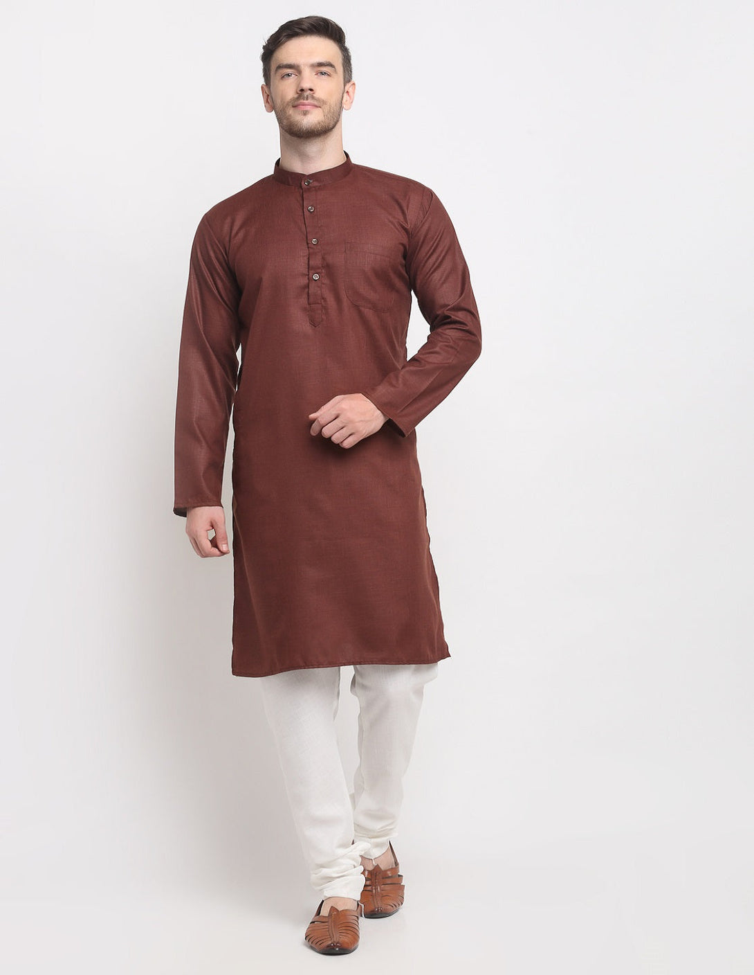 Men's Brown & White Cotton Solid Kurta With Churidaar Set - Benstoke