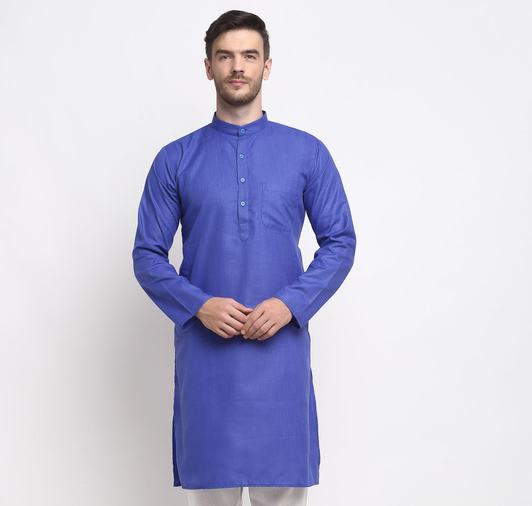 Men's Cotton Blend Royal Blue Straight Long Kurta - Benstoke