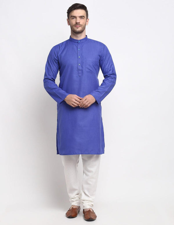 Men's Royal Blue & White Cotton Solid Kurta With Churidaar Set - Benstoke - Indiakreations