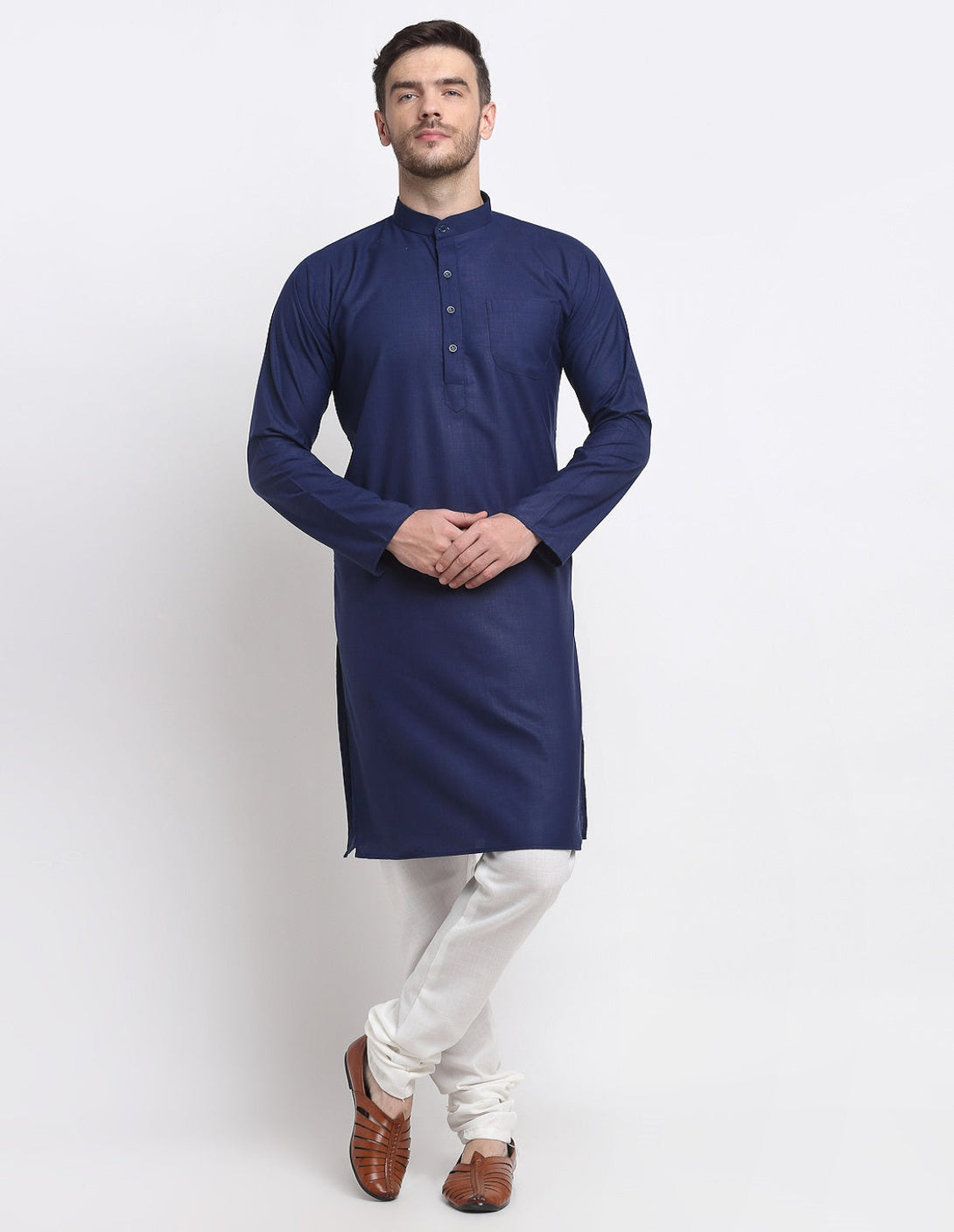 Men's Navy Blue & White Cotton Solid Kurta With Churidaar Set - Benstoke