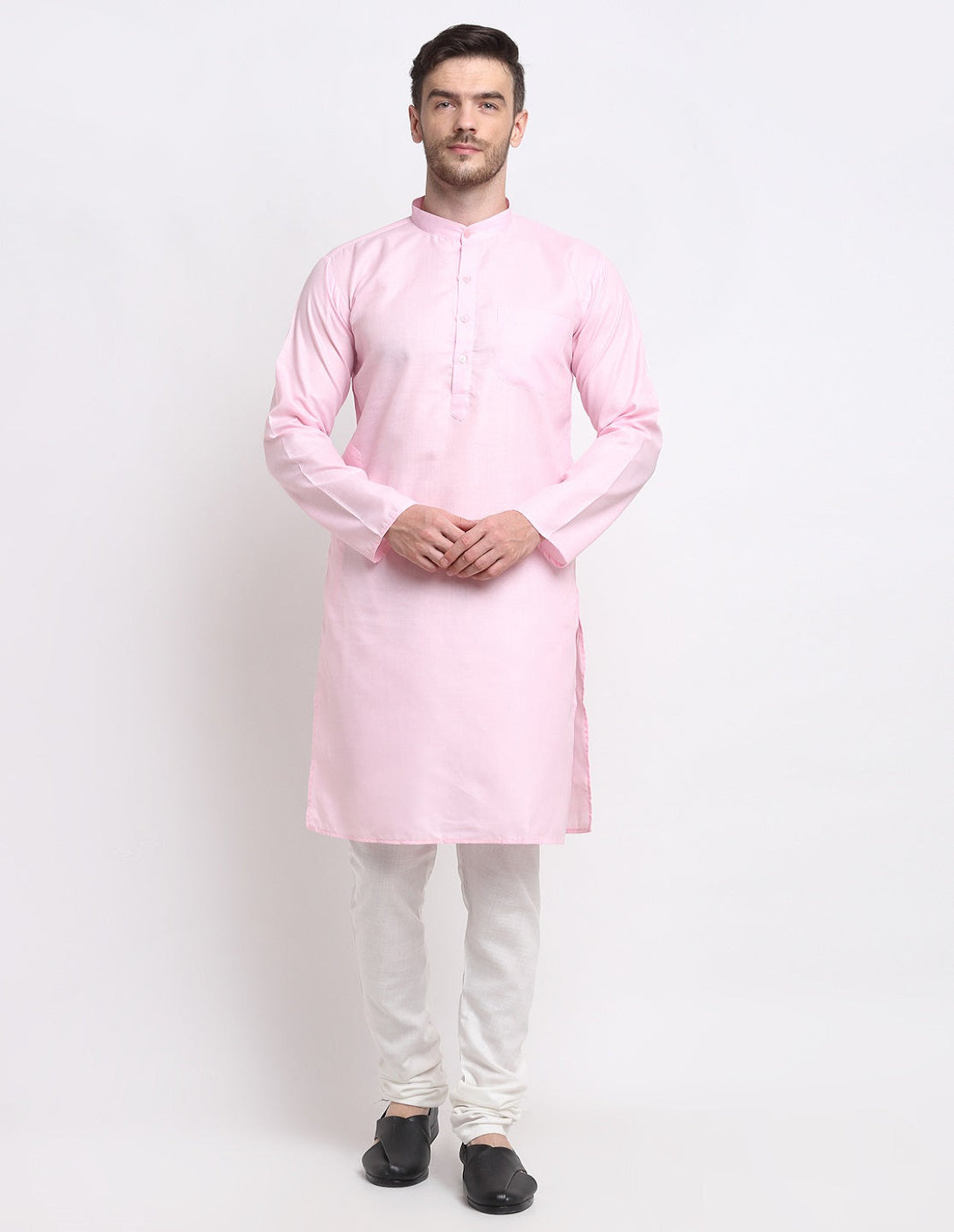 Men's Pink & White Cotton Solid Kurta With Churidaar Set - Benstoke