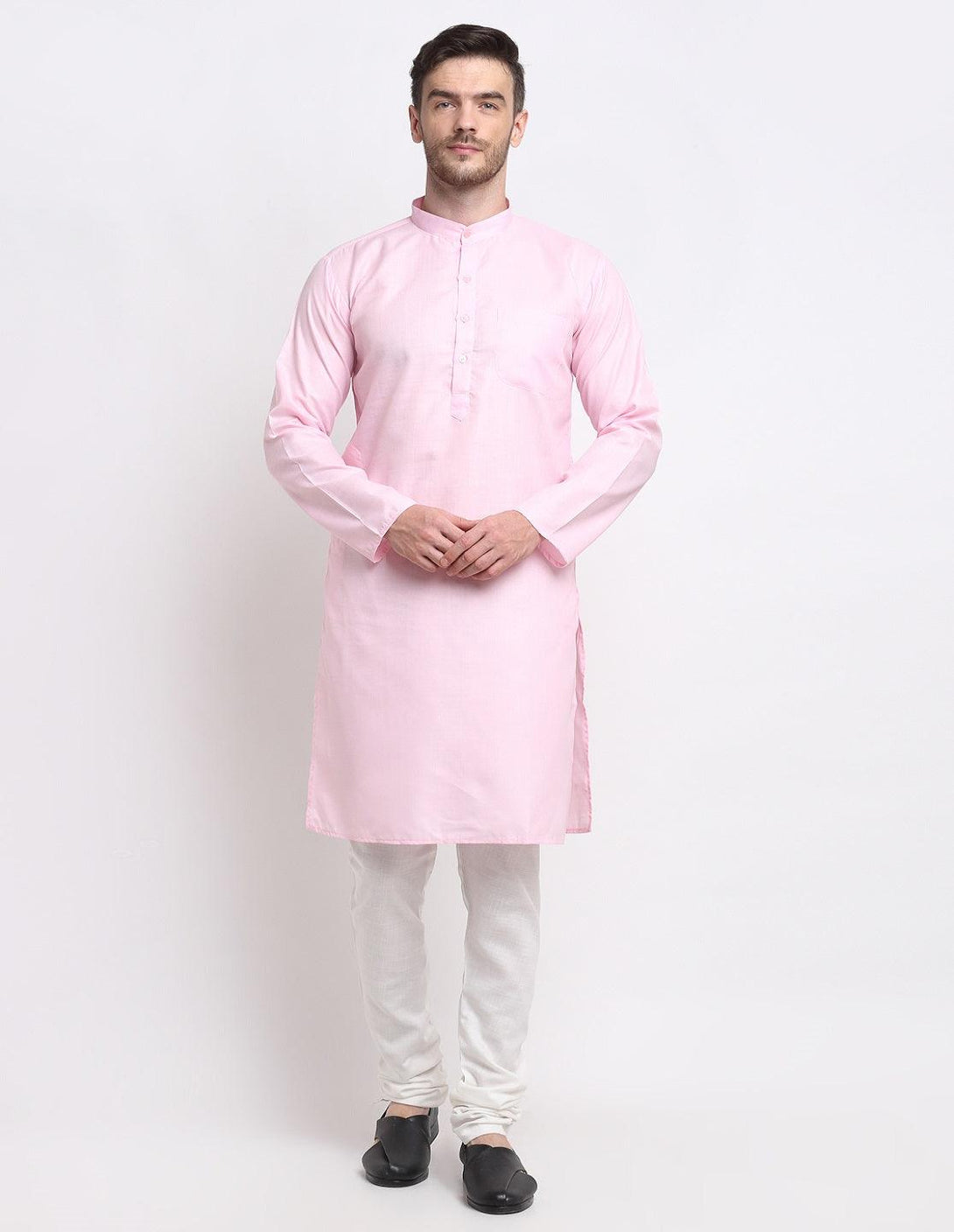 Men's Pink & White Cotton Solid Kurta With Churidaar Set - Benstoke - Indiakreations