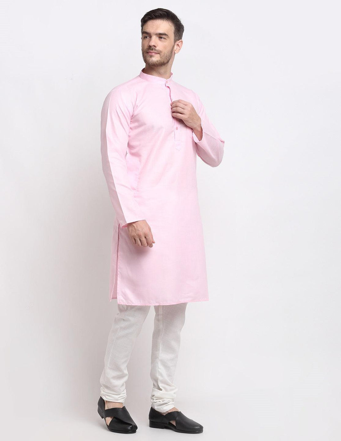 Men's Pink & White Cotton Solid Kurta With Churidaar Set - Benstoke - Indiakreations