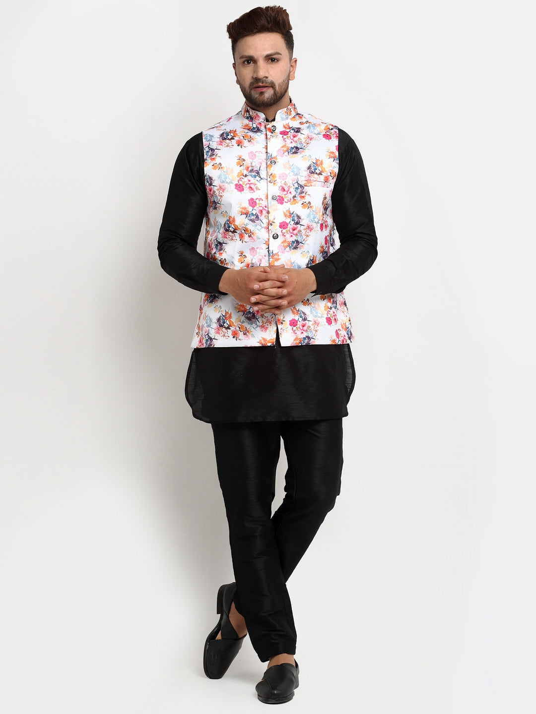 Men's Silk Blend Black Kurta With Pyjama & White Printed Nehru Jacket - Benstoke