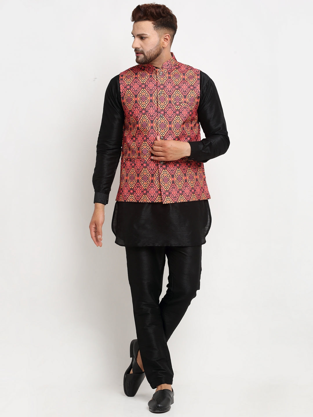 Men's Silk Blend Black Kurta With Pyjama & Rust Printed Nehru Jacket - Benstoke