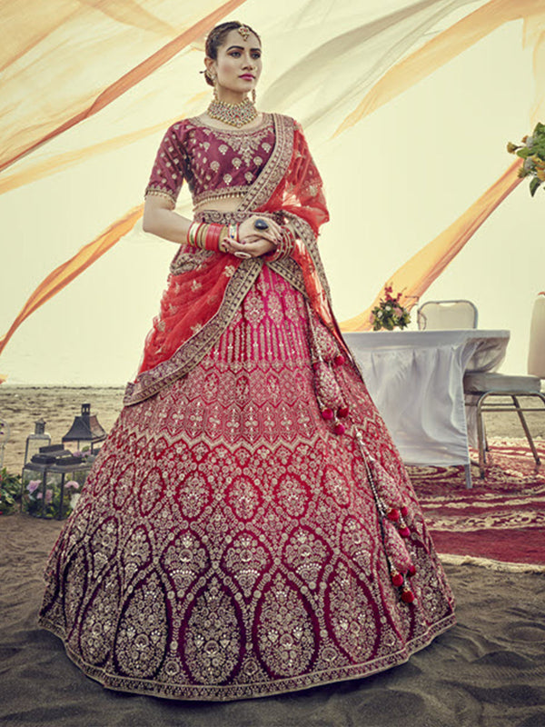 A beautiful maroon micro velvet lehenga skirt with 3d handcrafted blouse & net duppatta