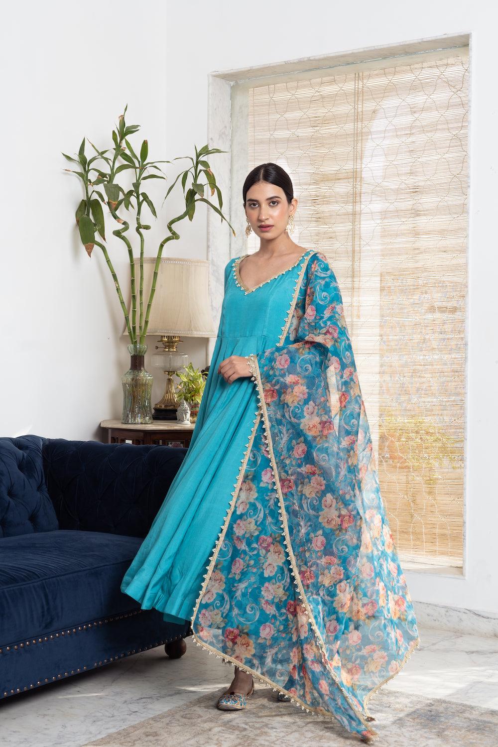 Khwabidah Turquoise Anarkali with floral dupatta Set of 3 - Indiakreations