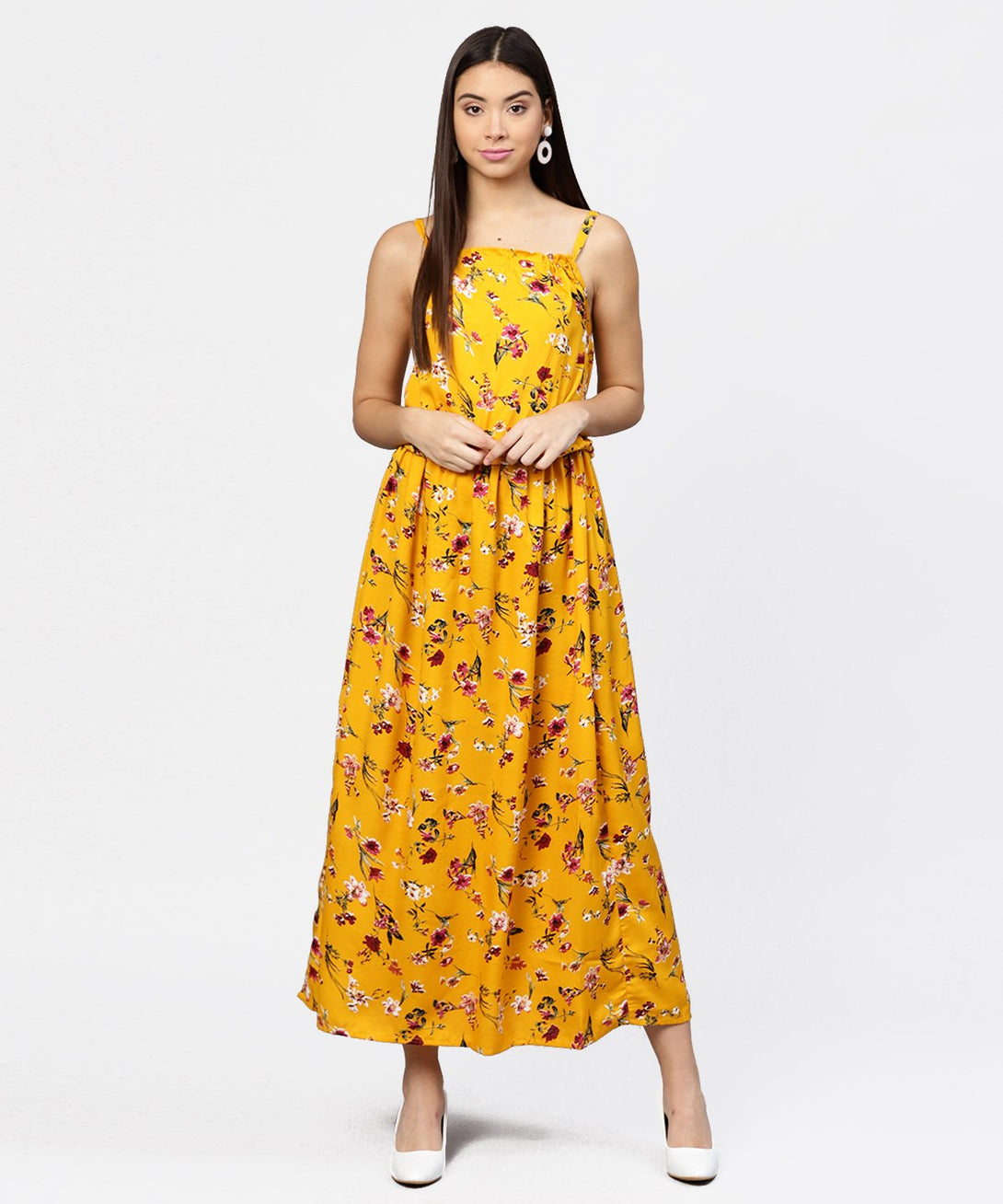 Yellow printed shoulder strapped with a gather neckline maxi dress | NOZ2TOZ - Made In INDIA.