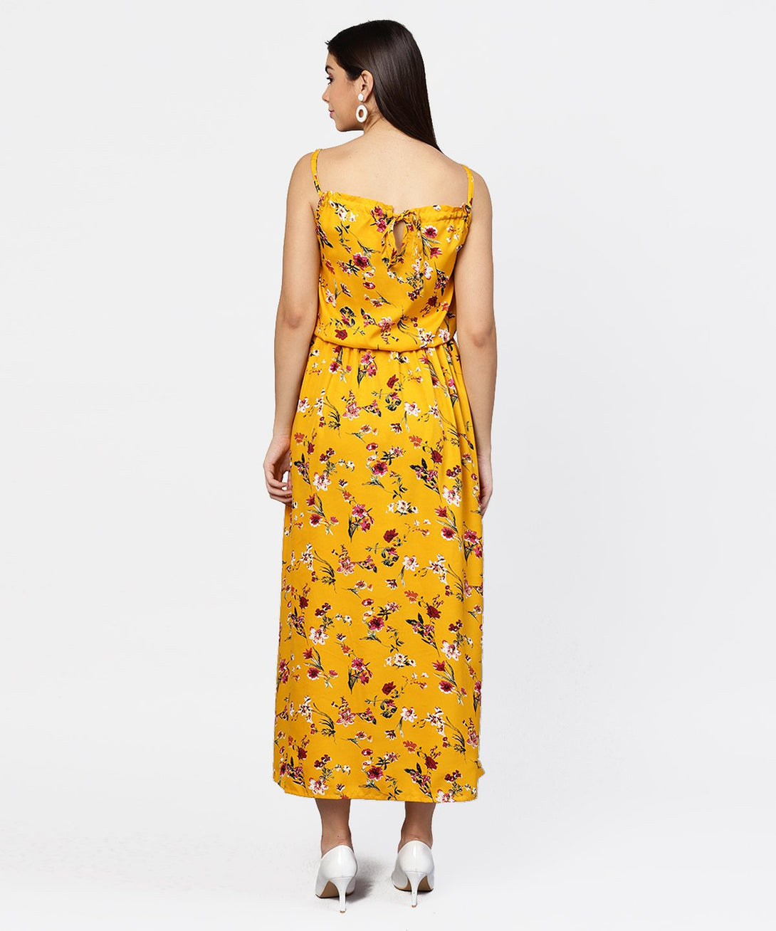 Yellow printed shoulder strapped with a gather neckline maxi dress | NOZ2TOZ - Made In INDIA.