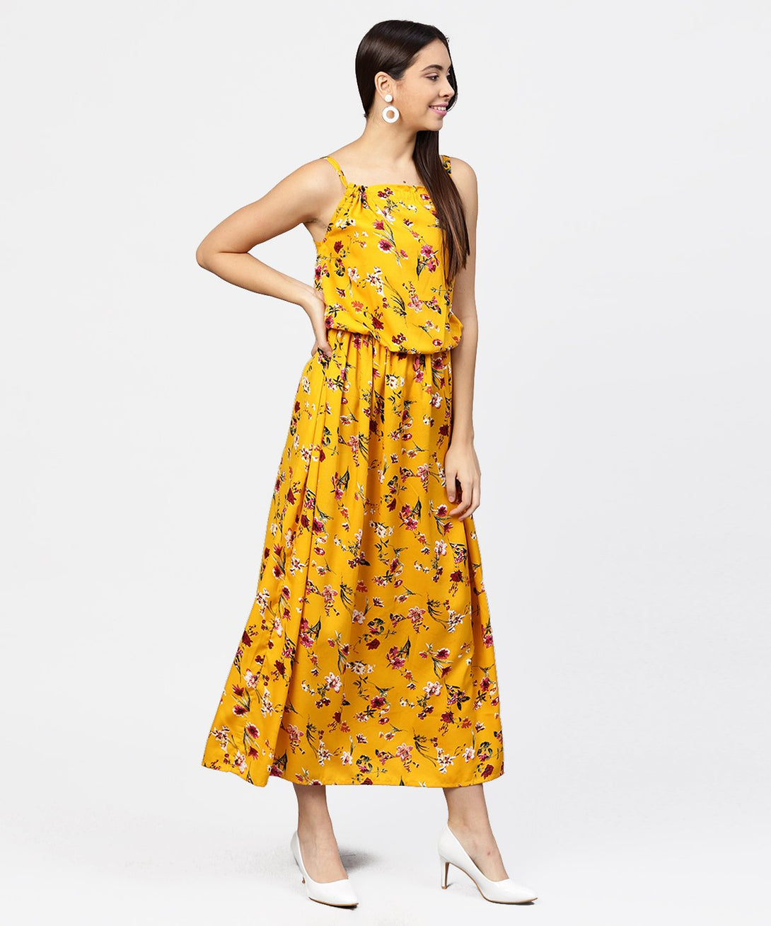 Yellow printed shoulder strapped with a gather neckline maxi dress | NOZ2TOZ - Made In INDIA.