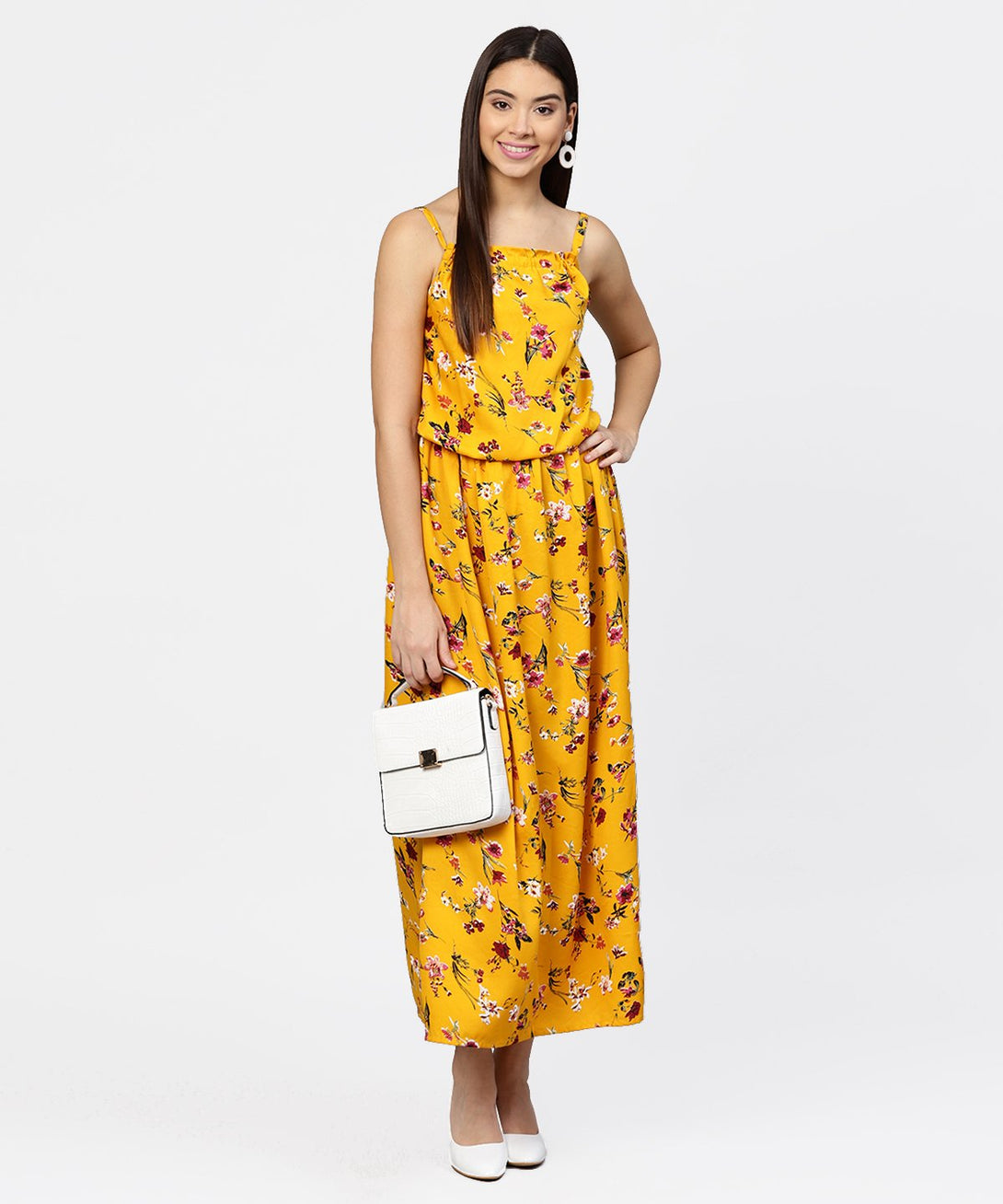 Yellow printed shoulder strapped with a gather neckline maxi dress | NOZ2TOZ - Made In INDIA.