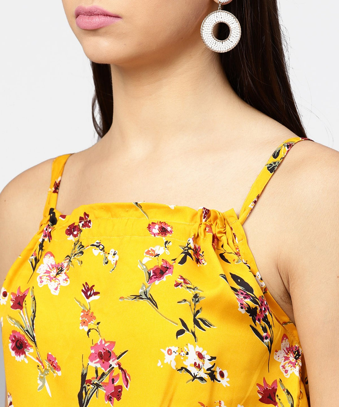 Yellow printed shoulder strapped with a gather neckline maxi dress | NOZ2TOZ - Made In INDIA.