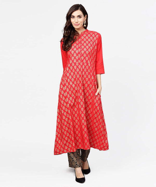 Red printed 3/4th sleeve cotton anarkali kurta with brown printed ankle length palazzo | NOZ2TOZ - Made In INDIA.