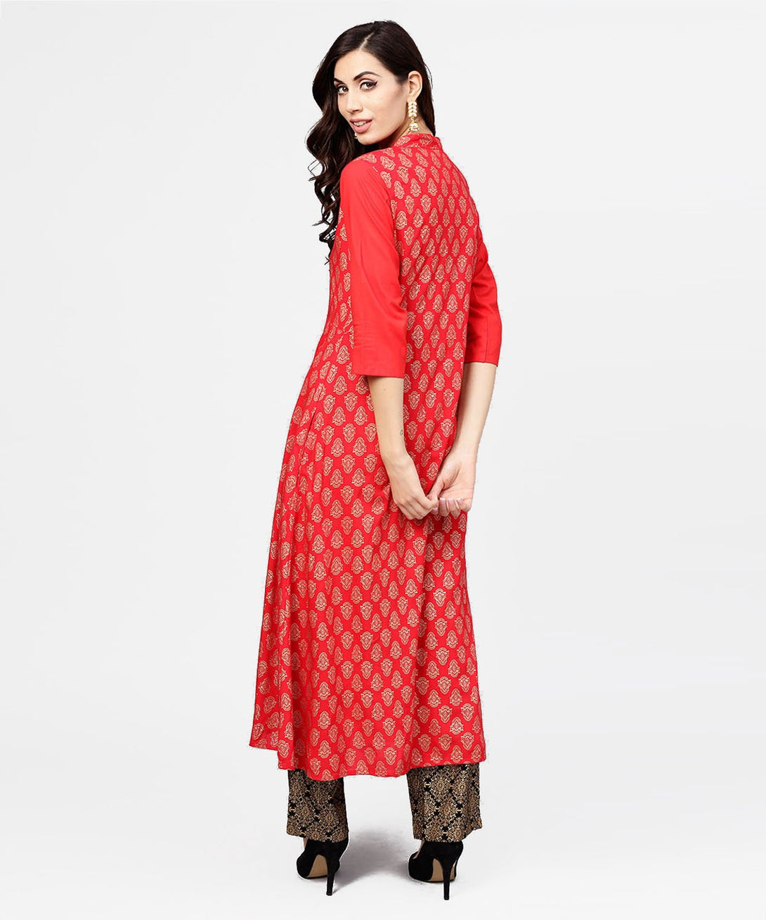 Red printed 3/4th sleeve cotton anarkali kurta with brown printed ankle length palazzo | NOZ2TOZ - Made In INDIA.