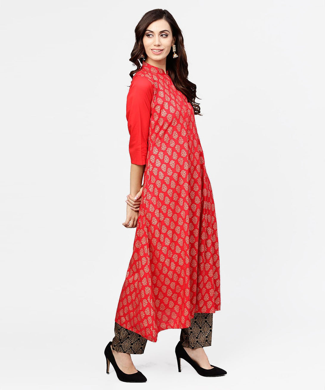 Red printed 3/4th sleeve cotton anarkali kurta with brown printed ankle length palazzo | NOZ2TOZ - Made In INDIA.