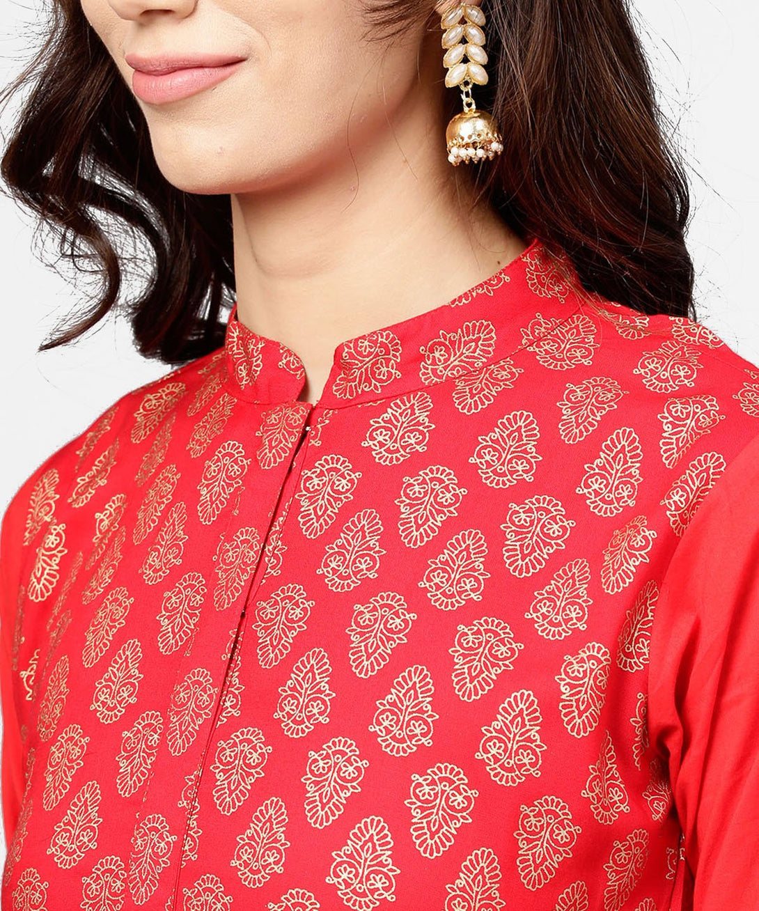 Red printed 3/4th sleeve cotton anarkali kurta with brown printed ankle length palazzo | NOZ2TOZ - Made In INDIA.