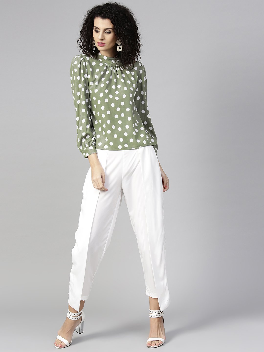 Women Olive Green & White Printed Top with Trousers | NOZ2TOZ - Made In INDIA.