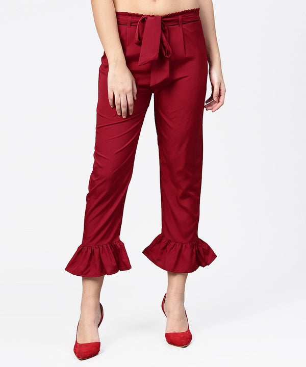 Maroon ankle length crepe straight palazzo with belt | NOZ2TOZ - Made In INDIA.